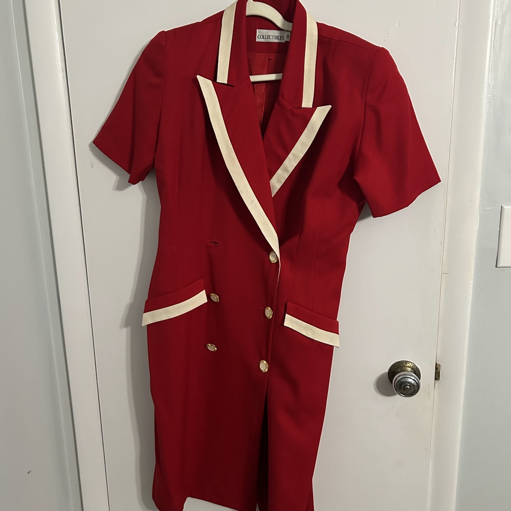 Red and Cream Double-Breasted Midi Dress